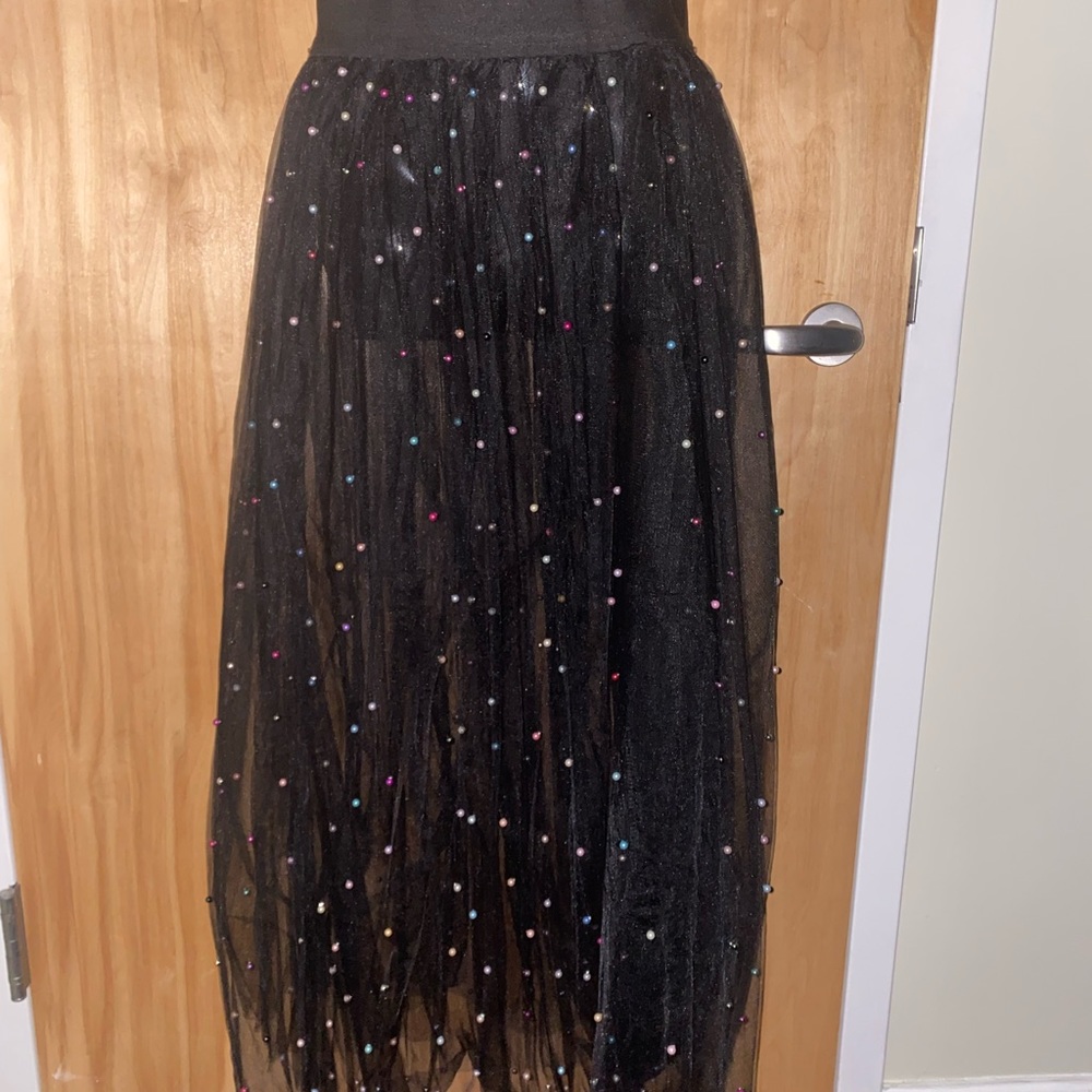 Black multi colored pearls beaded tulle skirt